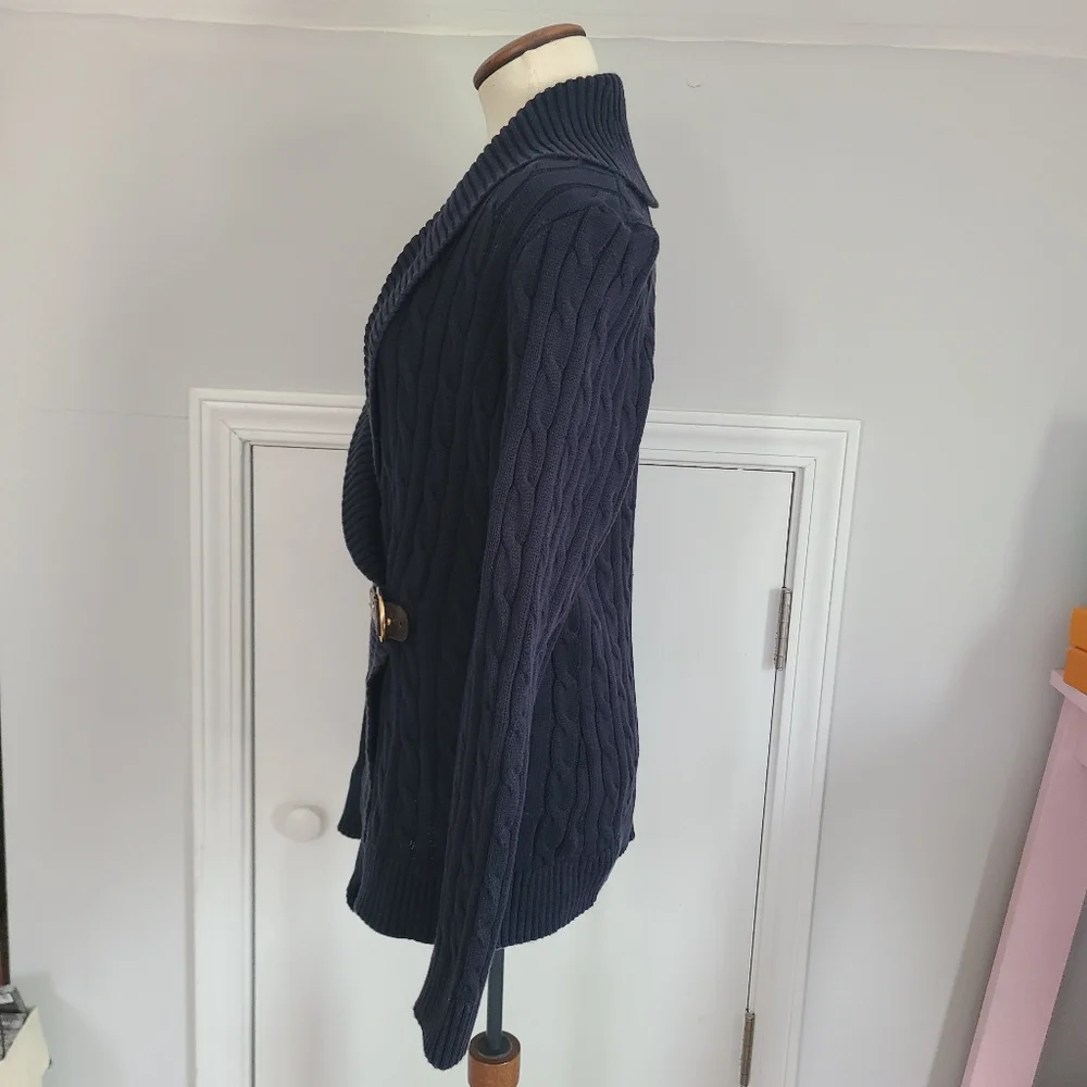 Ralph Lauren Buckle Sweater Womens Size L Cable Knit Preppy Equestrian READ FLAW - Picture 3 of 16